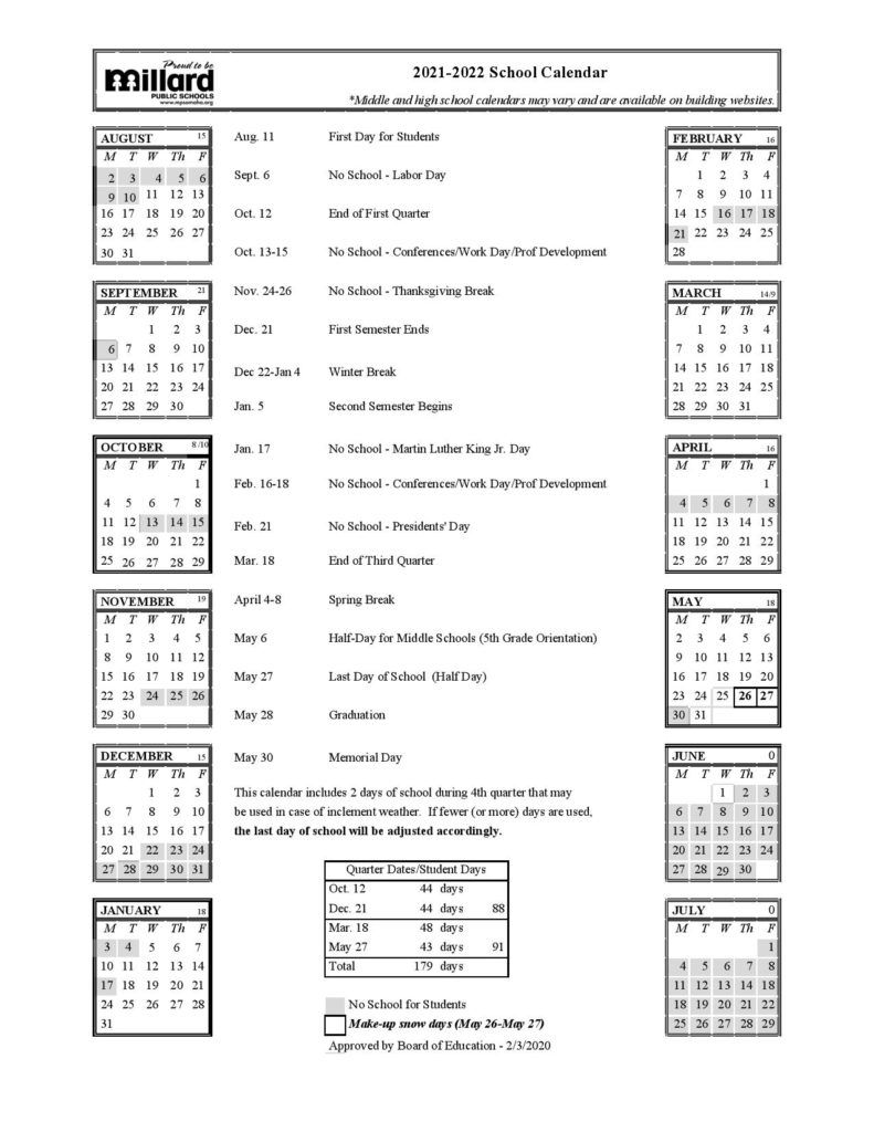 Millard Public Schools Calendar 2021 2022 In PDF