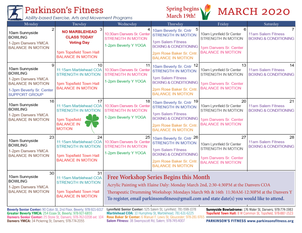 Monthly Class Calendar Parkinson s Fitness