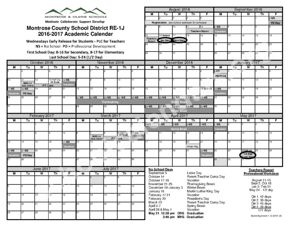 Montrose Olathe Schools Calendars Montrose CO