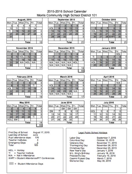 Morris Community High School MCHS 2015 2016 School Calendar School 