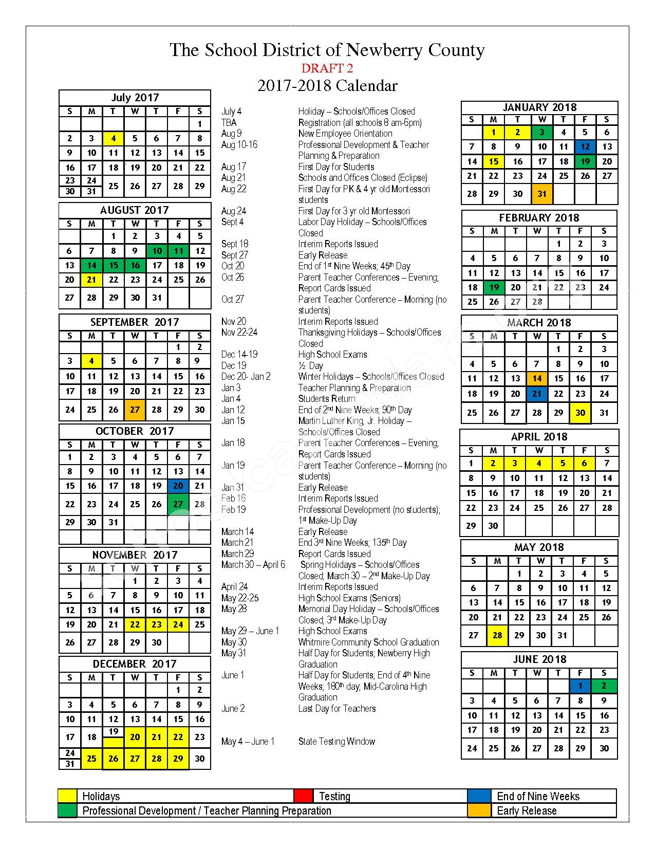 Newberry County School District Calendars Newberry SC