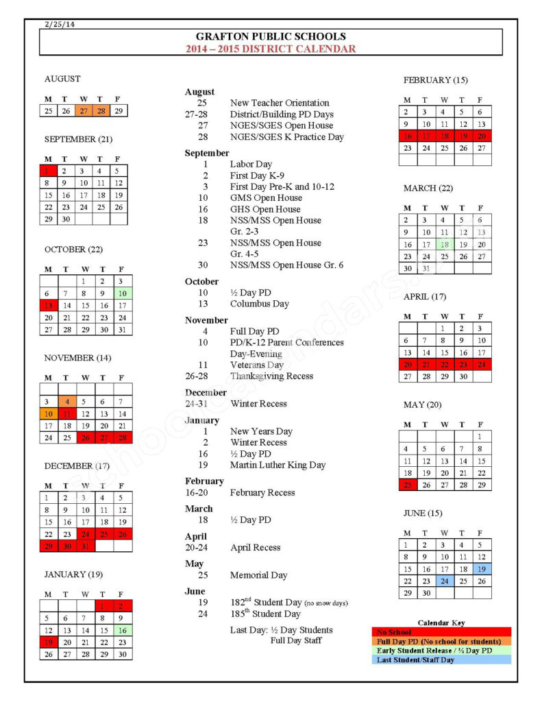 North Grafton Elementary School Calendars North Grafton MA
