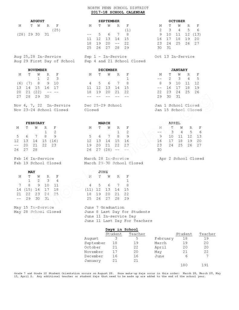 North Penn School District Calendars Lansdale PA