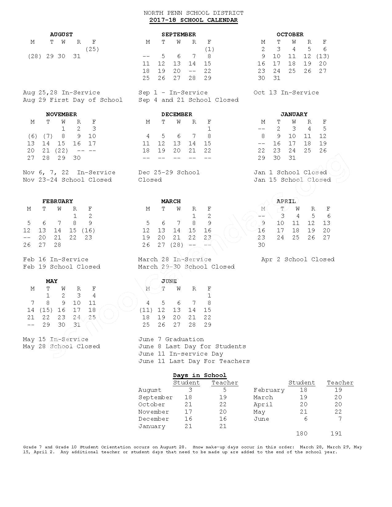 North Penn School District Calendars Lansdale PA