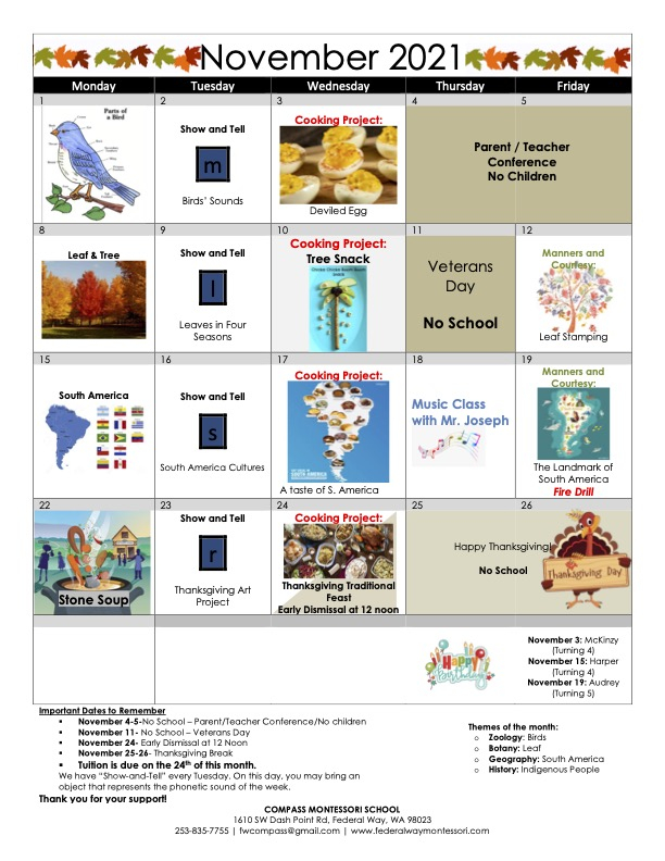 November 2021 School Calendar Compass Montessori School Of Federal Way