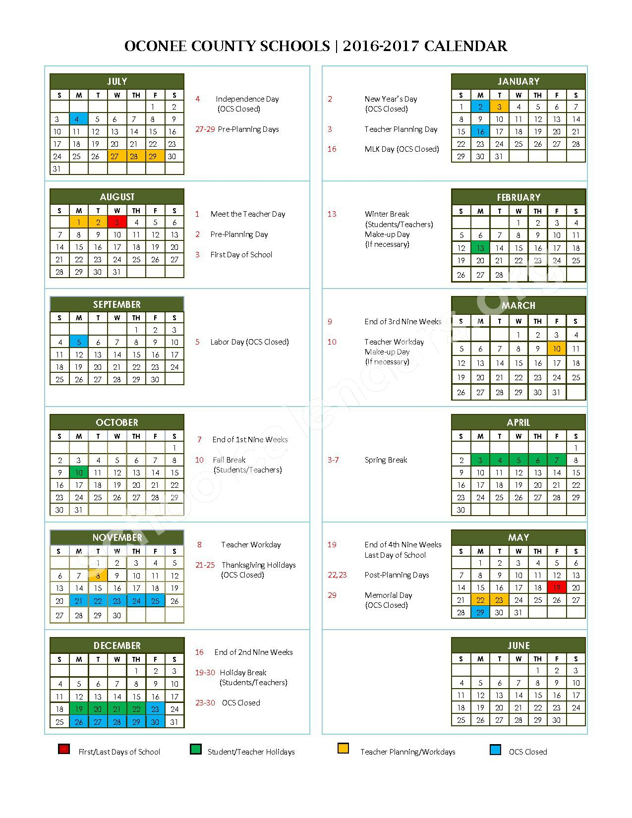 Oconee County School District Calendars Watkinsville GA