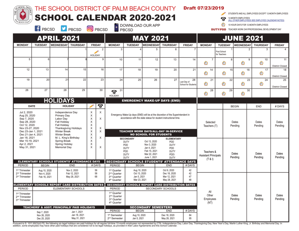 Palm Beach 2020 County Public School Calendar PDF County School 