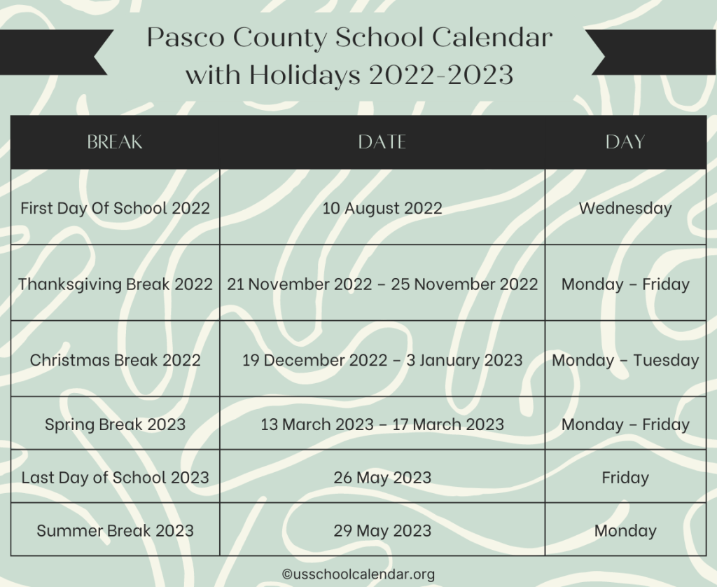 Pasco County School Calendar With Holidays 2022 2023