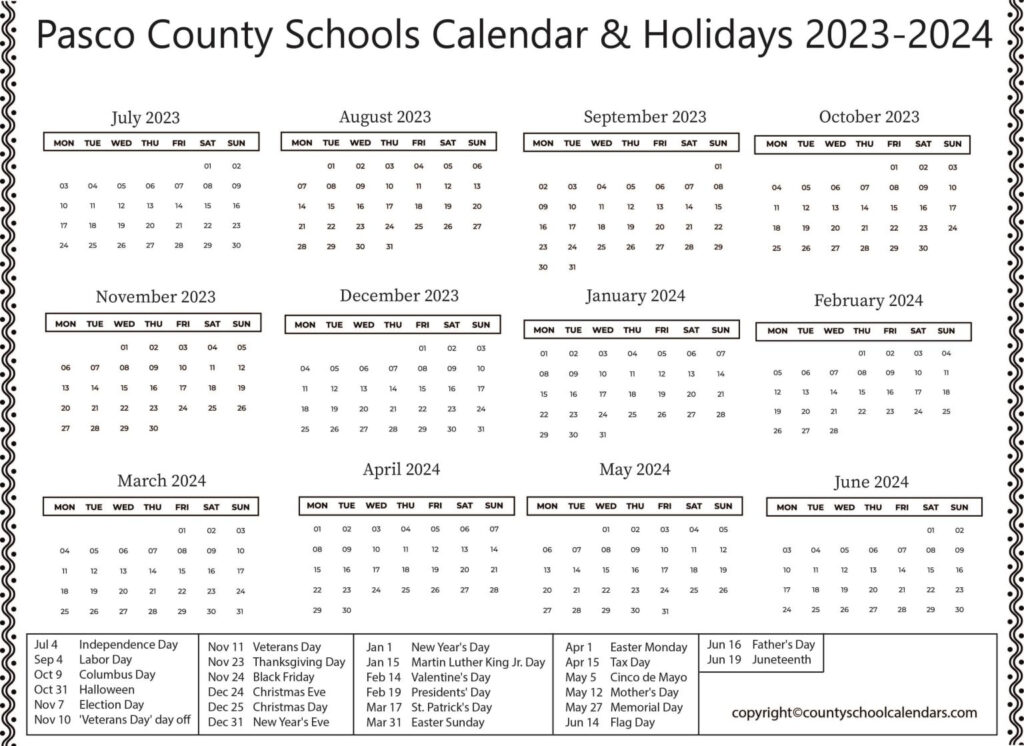 Pasco County Schools Calendar Holidays 2023 2024