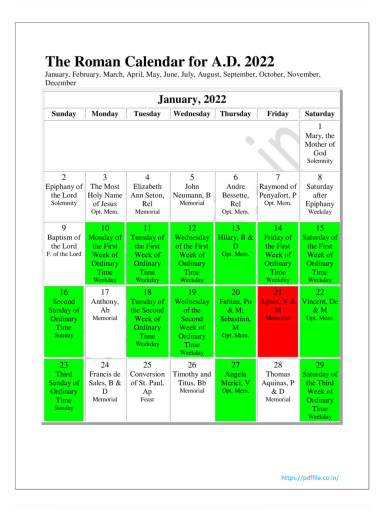  PDF Roman Catholic Calendar 2022 PDF Download TodayshotPDF