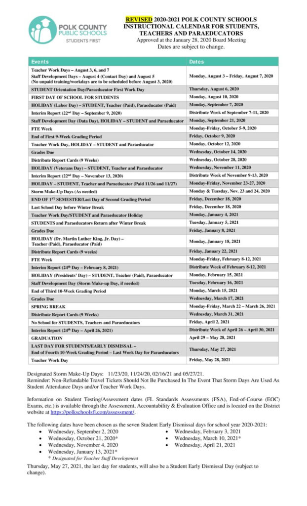 Polk County School Calendars For 2020 21 includes Private Charter 