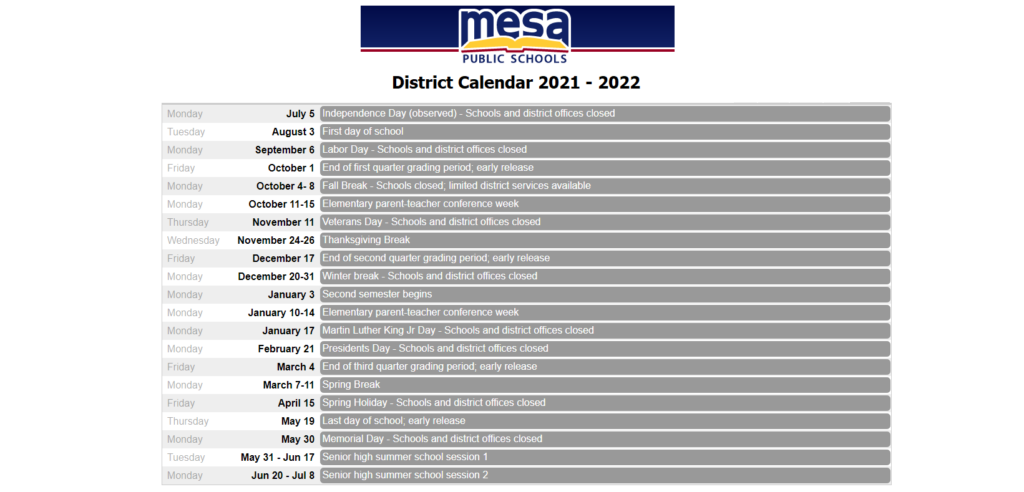 Red Mountain High School School District Instructional Calendar 