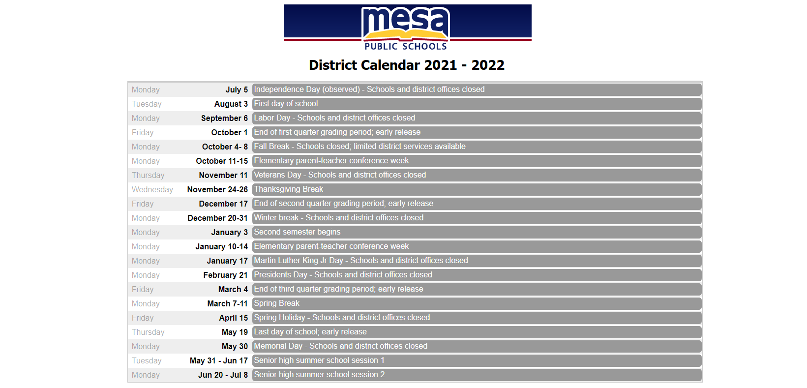 Red Mountain High School School District Instructional Calendar