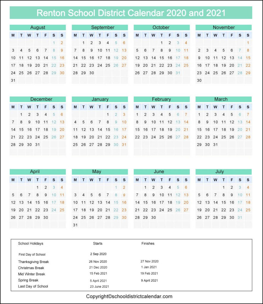 Renton School District Calendar Holidays 2020 2021