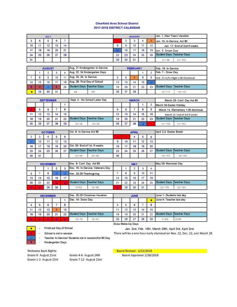 Revised 2017 18 District School Calendar Clearfield Area School District