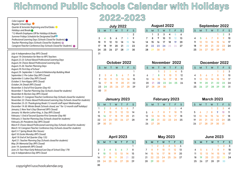 Richmond Public Schools Calendar With Holidays 2022 2023