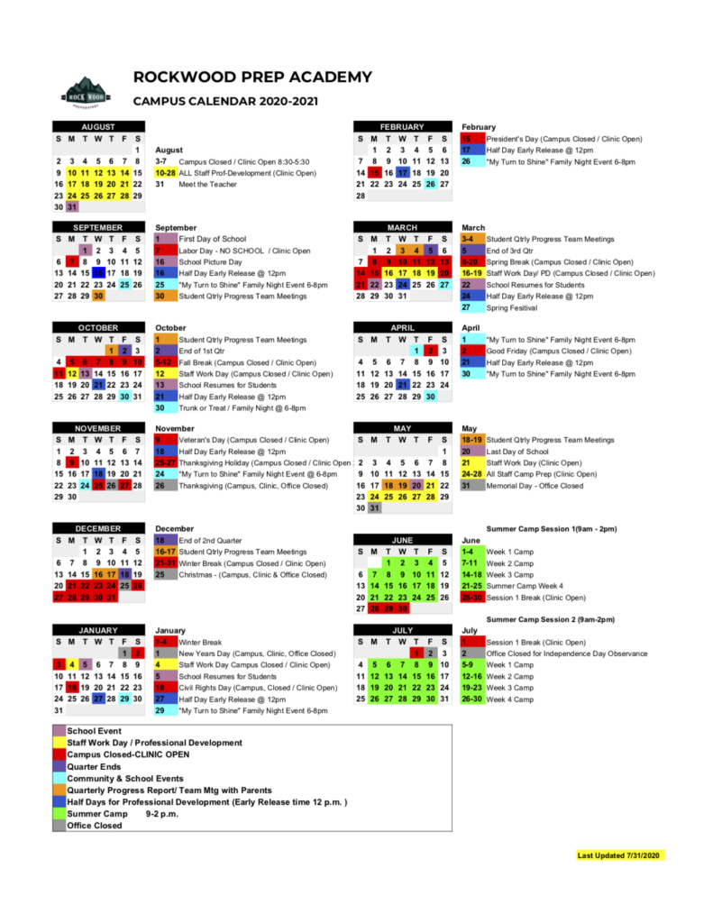 ROCKWOOD PREP ACADEMIC CALENDAR 2020 2021 Rockwood Preparatory Academy