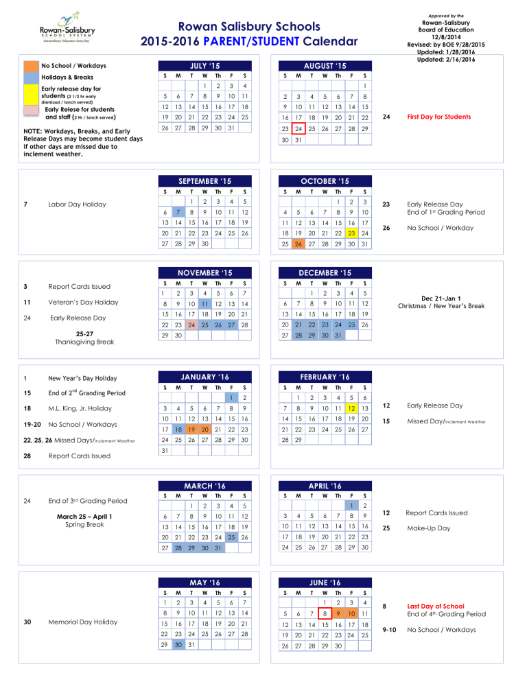 Rowan Salisbury Schools 2015 2016 Calendar PARENT STUDENT