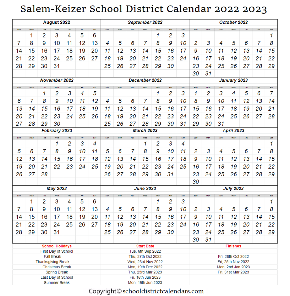 Salem Keizer School District 2022 2023 Calendar With Holidays