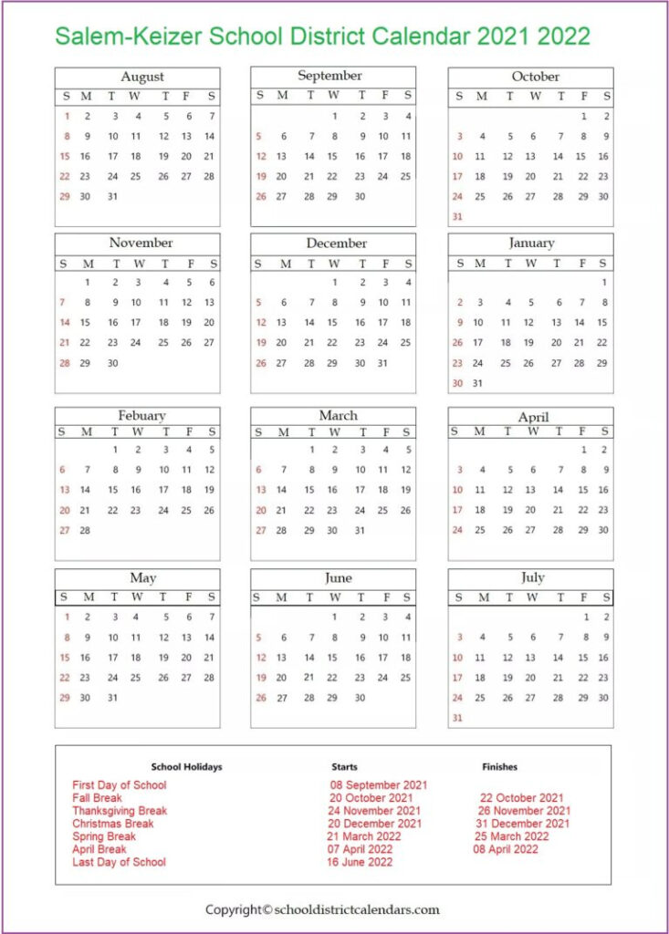 Salem Keizer School District Oregon Calendar Holidays 2021 2022 School 