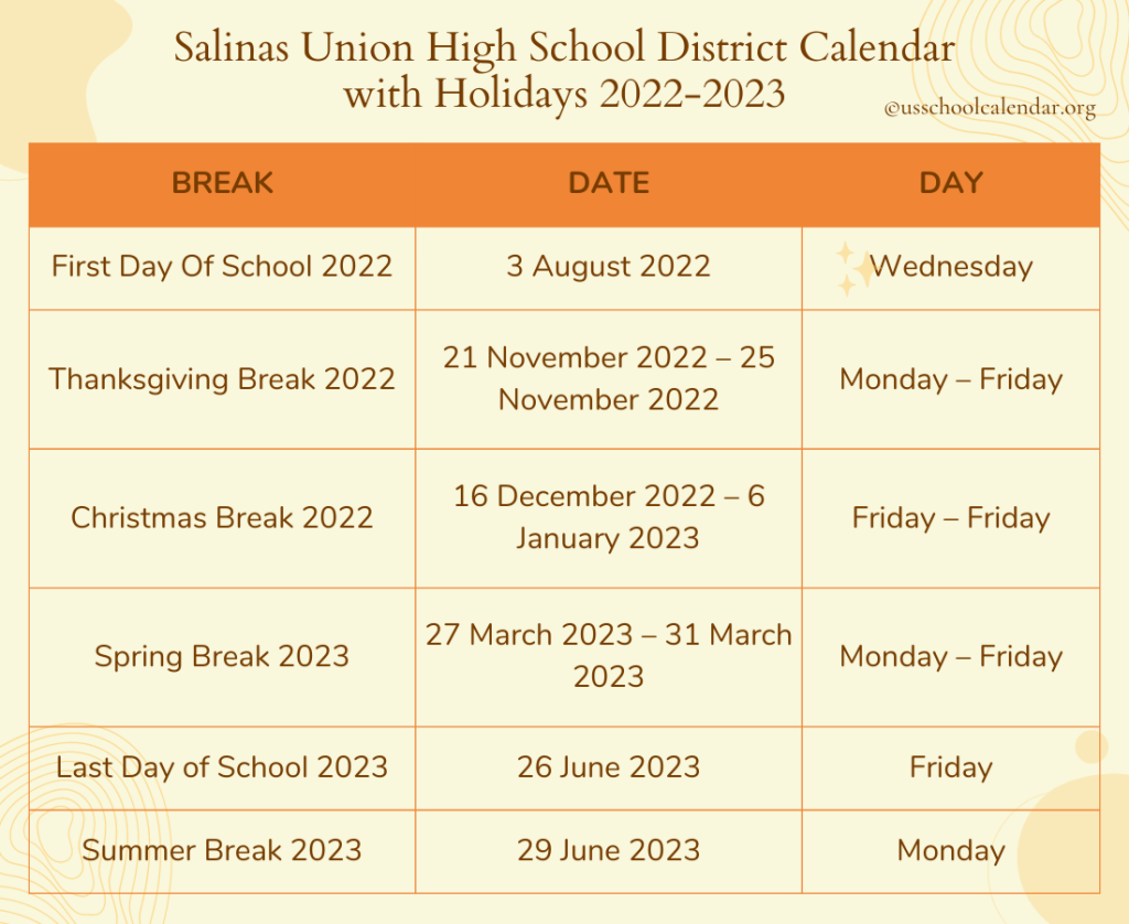 Salinas Union High School District Calendar US School Calendar