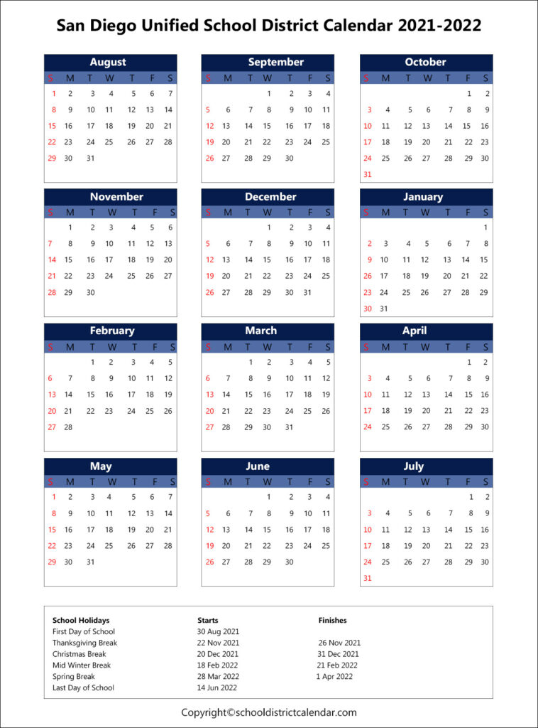 San Diego Unified School District Calendar Holidays 2021 2022