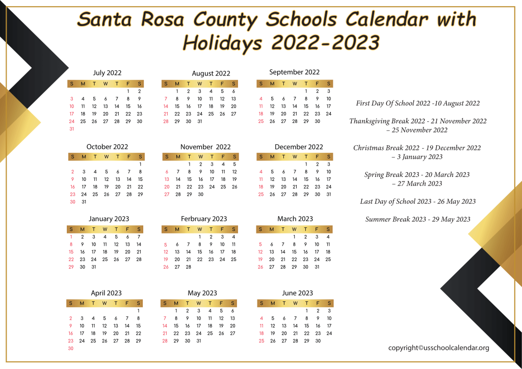 Santa Rosa County Schools Calendar With Holidays 2022 2023