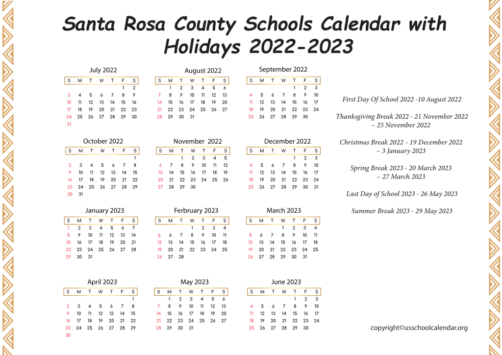 Santa Rosa County Schools Calendar With Holidays 2022 2023