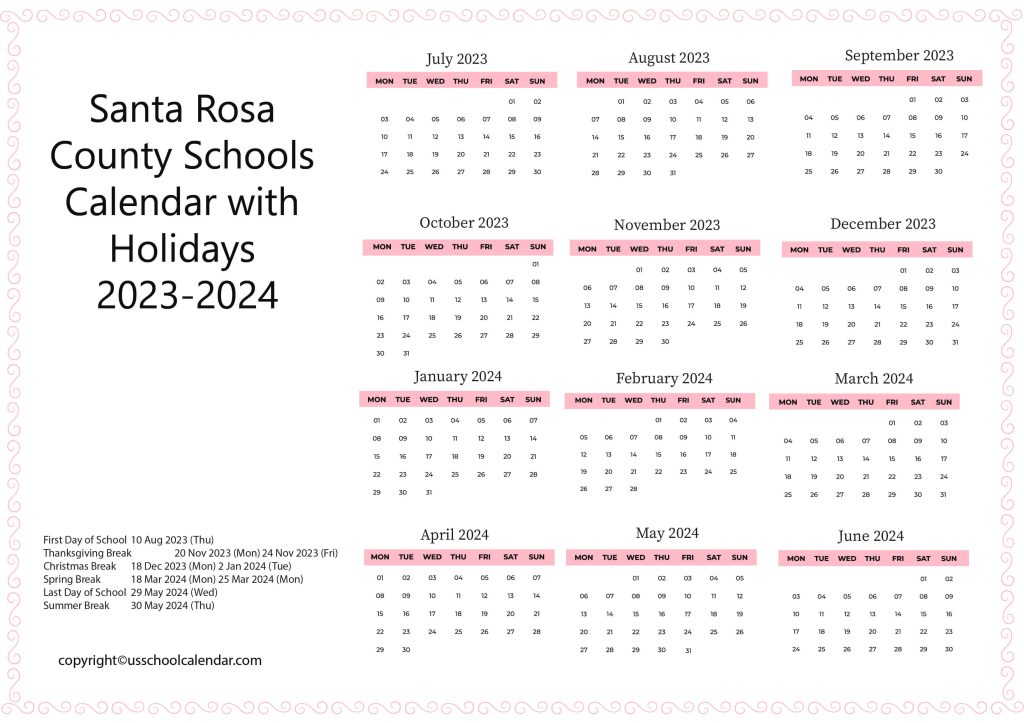 Santa Rosa County Schools Calendar With Holidays 2023 2024