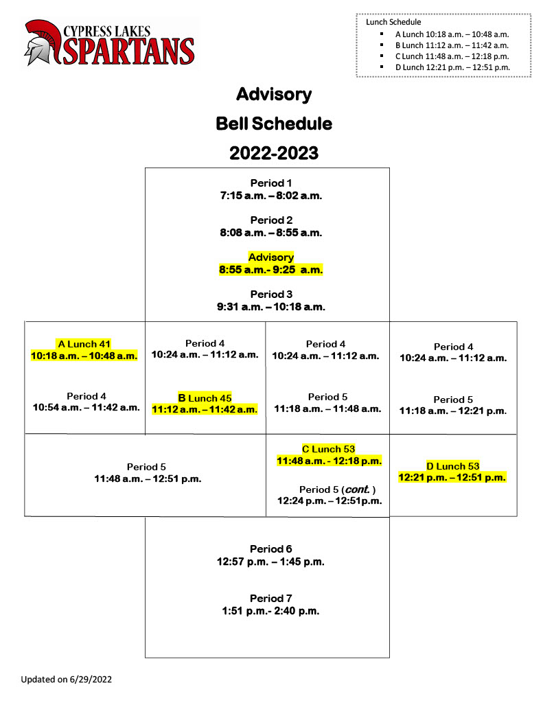 Schedules Cy Lakes Advisory Bell Schedule