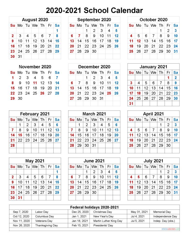 School Calendar 2020 And 2021 Printable Portrait Template No scl21a24