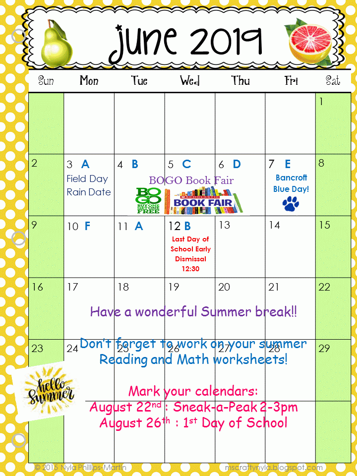 School Calendar Bancroft Elementary School