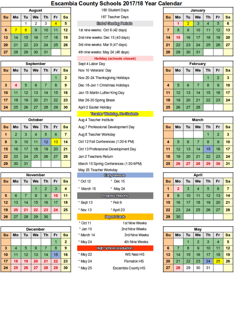 School Calendar Escambia County Schools