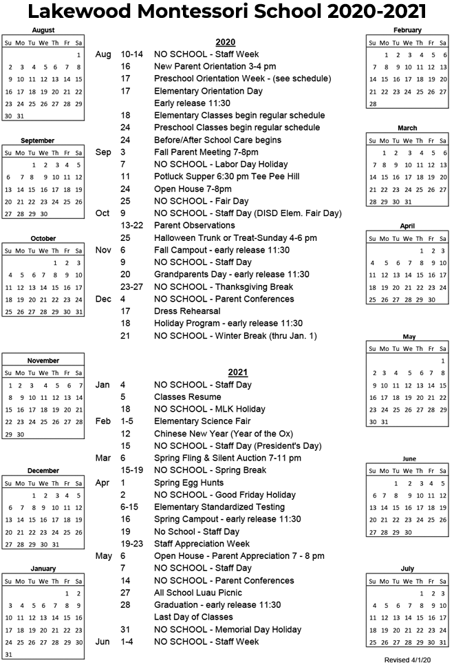 School Calendar Lakewood Montessori School