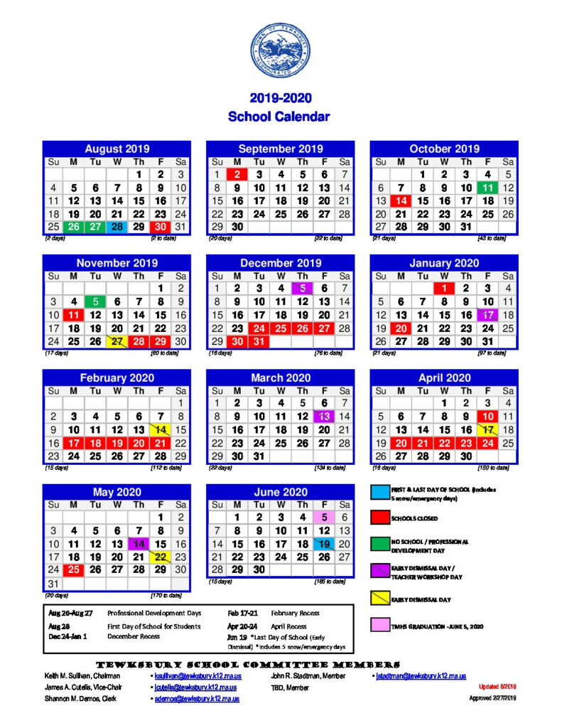 School Calendar Tewksbury Public Schools