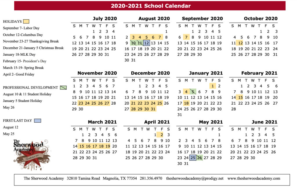 School Calendar The Sherwood Academy