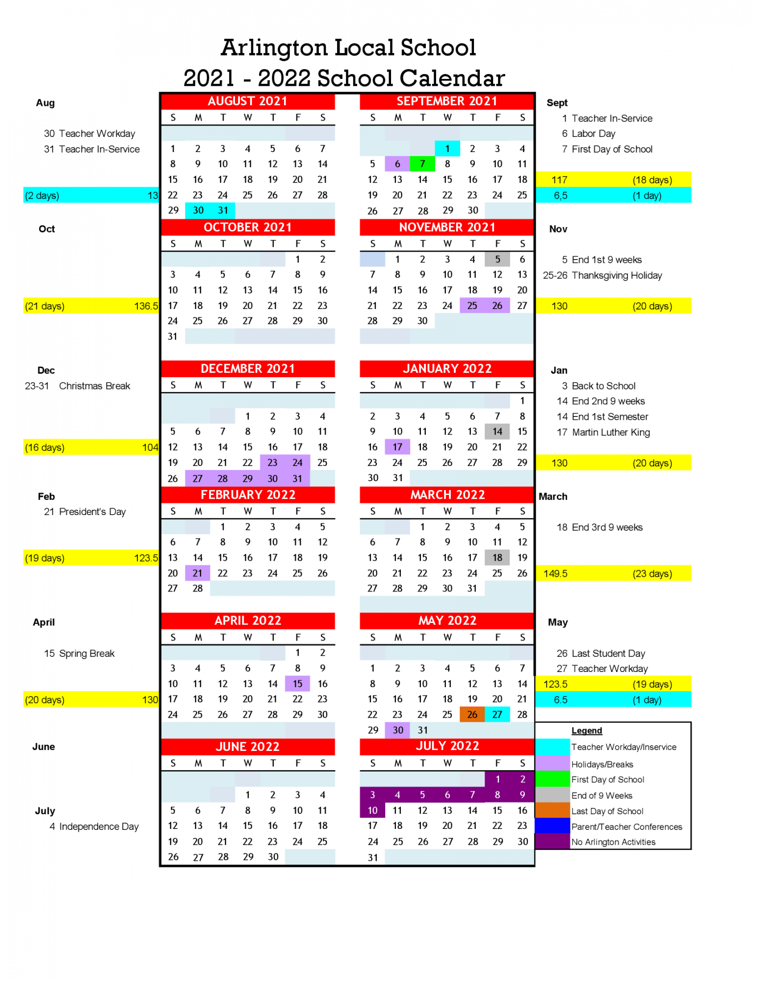 School Calendars Arlington Local Schools