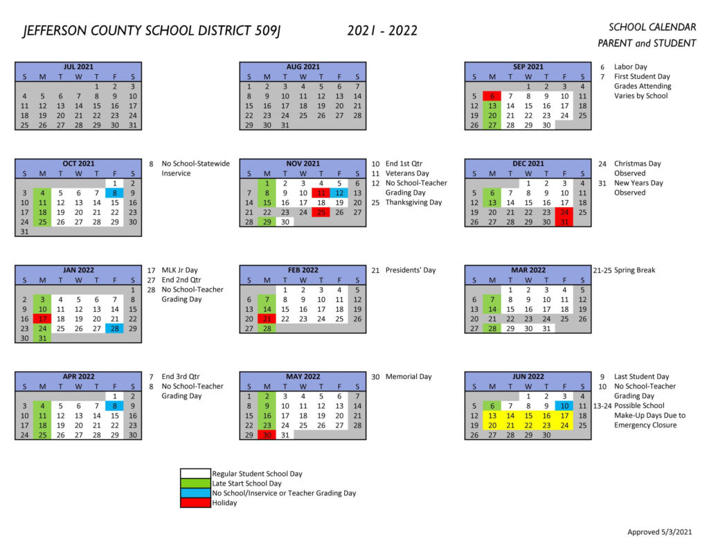 School District Calendar Jefferson County School District 509J