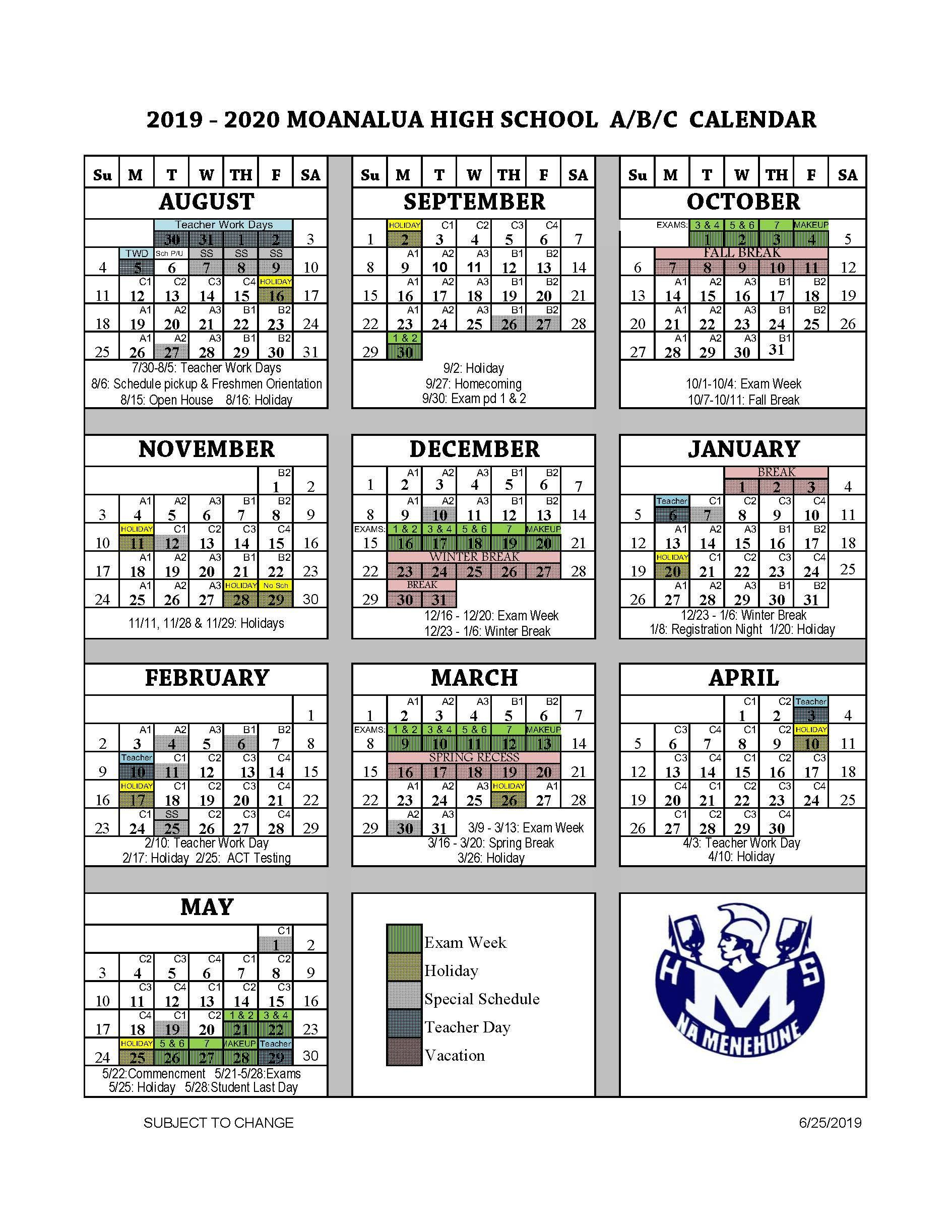 School Year Calendar A B C Parents Moanalua High School