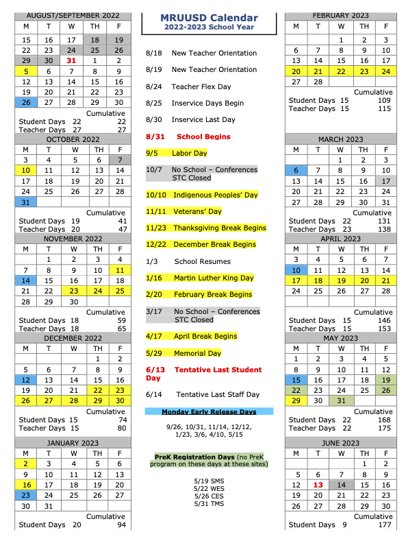 School year Calendar Clarendon Elementary