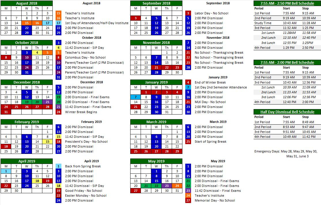 Seneca High School 2018 2019 School Calendar Snapshot