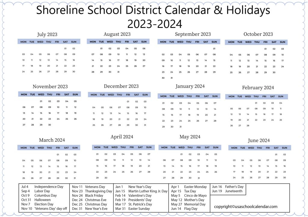 Shoreline School District Calendar Holidays 2023 2024