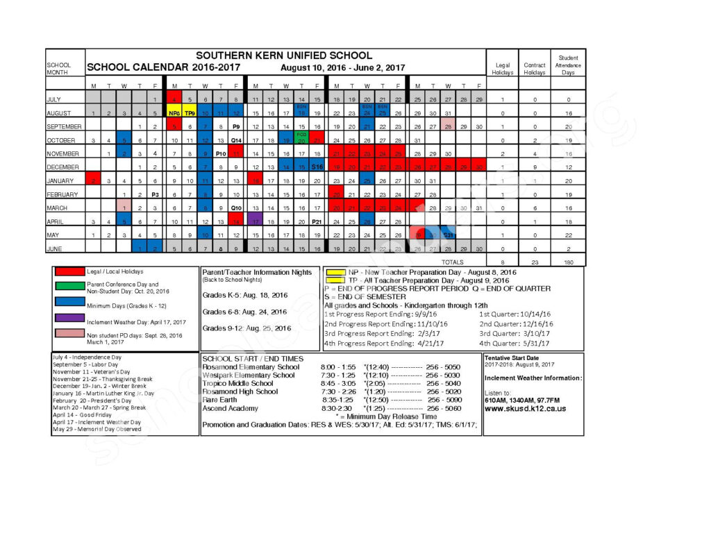 Southern Kern Unified School District Calendars Rosamond CA