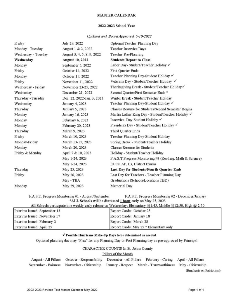 St Johns County Schools Calendar 2022 2023