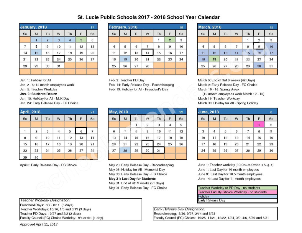 St Lucie County School District Calendars Fort Pierce FL