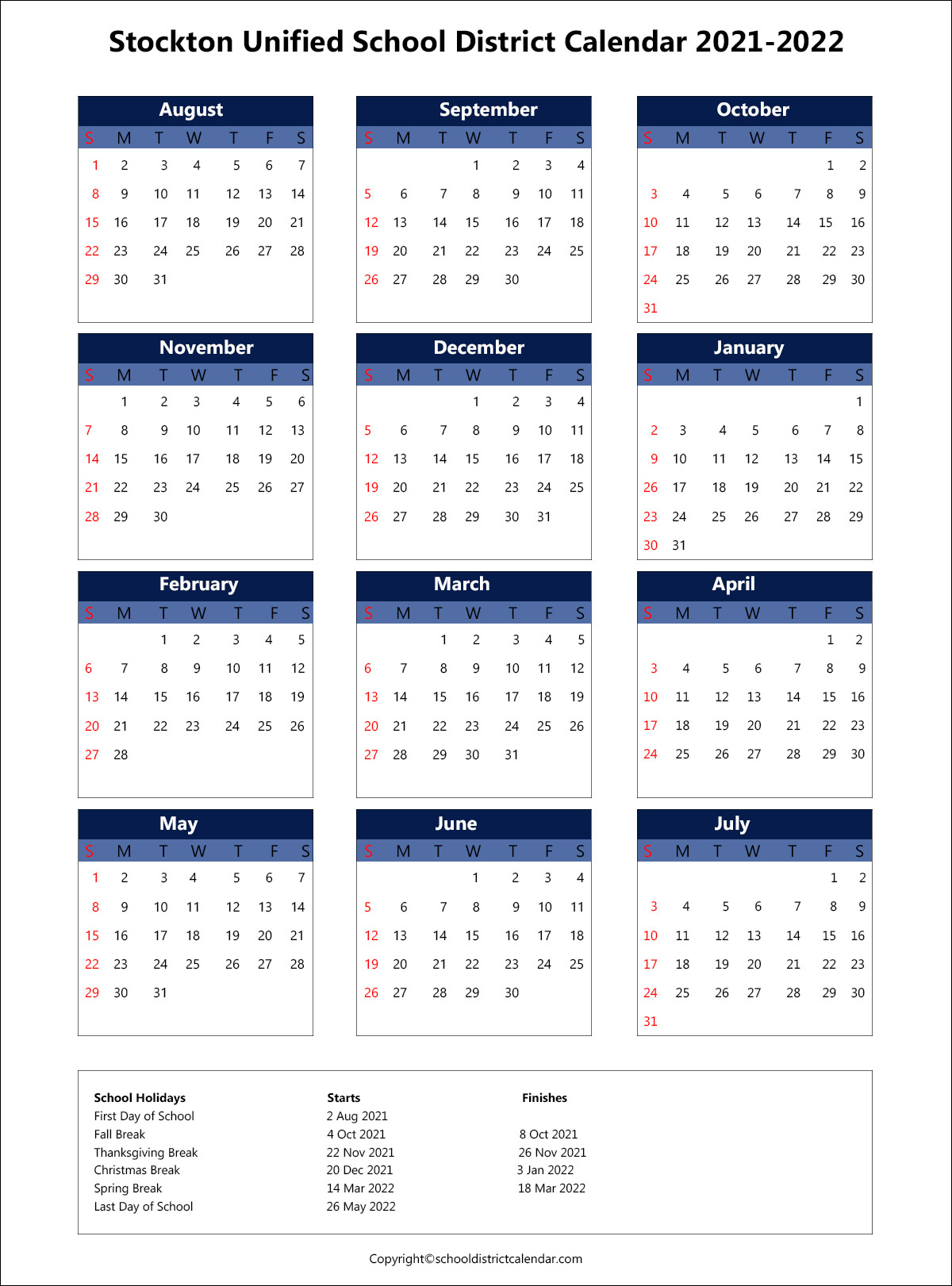 Stockton Unified 2022 23 Calendar Academic Calendar 2022