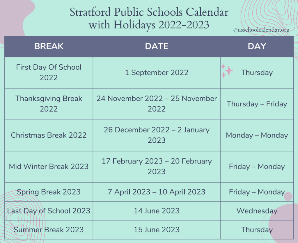 Stratford Public Schools Calendar 2022 US School Calendar