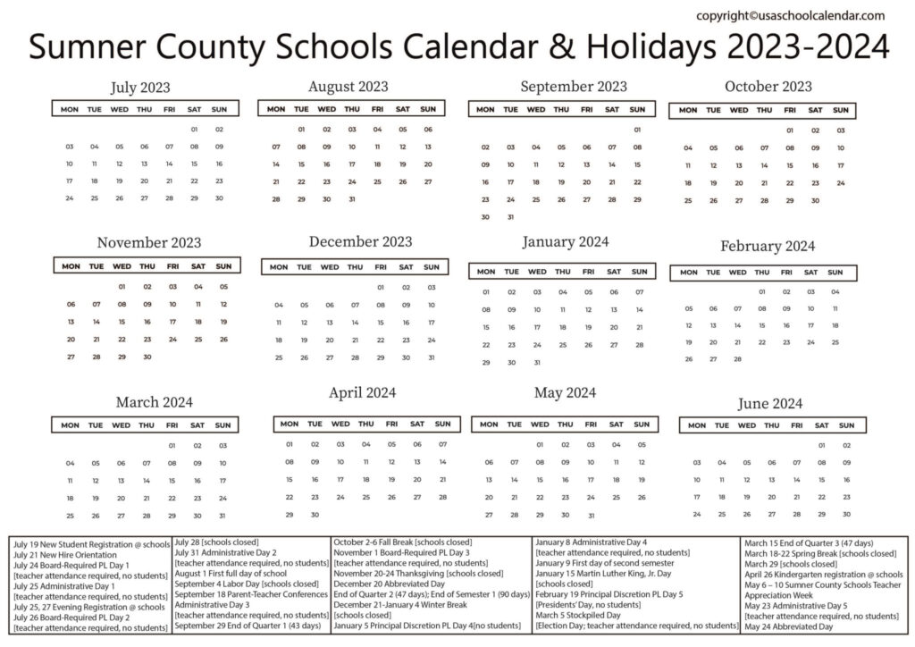 Sumner County Schools Calendar Holidays 2023 2024