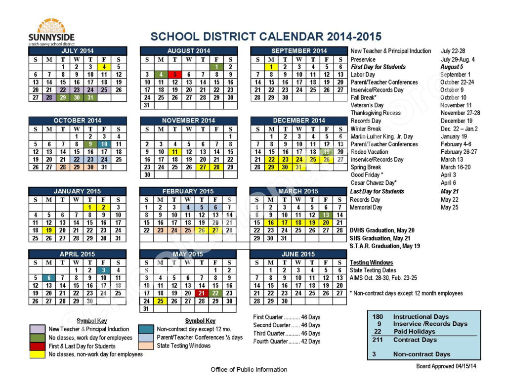 Sunnyside Unified School District Calendars Tucson AZ