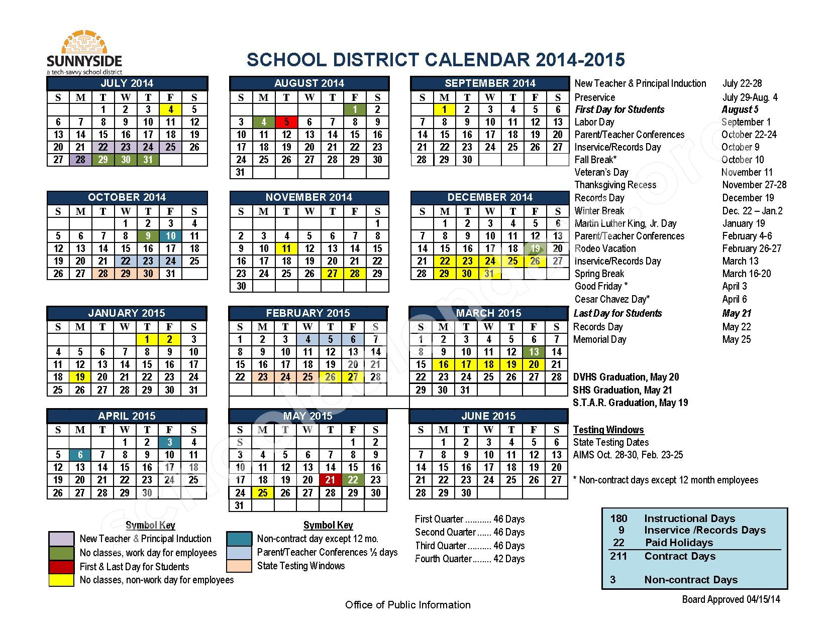 Sunnyside Unified School District Calendars Tucson AZ